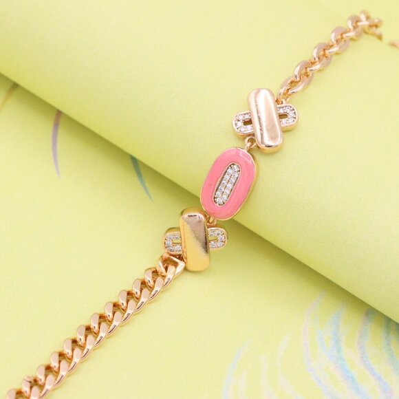 "Rose Gold Bracelet with Pink Enamel and Crystal Accents, XPBL0815 - Picture 2 of 12